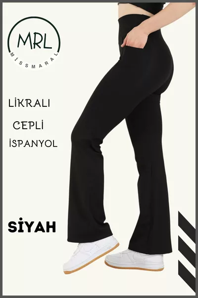 بنطال ضيق نسائي أسود بقصة إسبانية، خصر مرتفع، مشد، وجيوب مزدوجة، بوت كت 