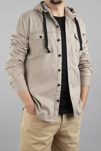 قميص جينز رجالي ضيق بقبعة بلون الحجر