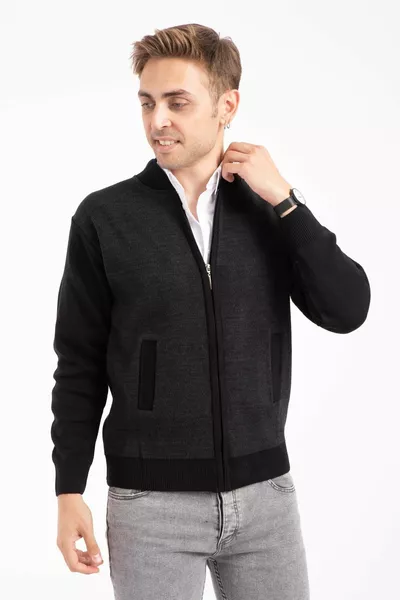 كارديغان رجالي صوفي أكريليك بسحاب للشتاء للرجال في منتصف العمر وما فوق -أسود