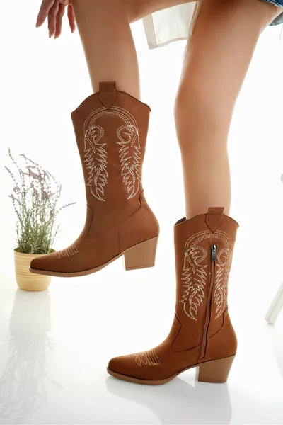 Tan Skin Geborduurde Cowboylaarzen met ritssluiting voor dames