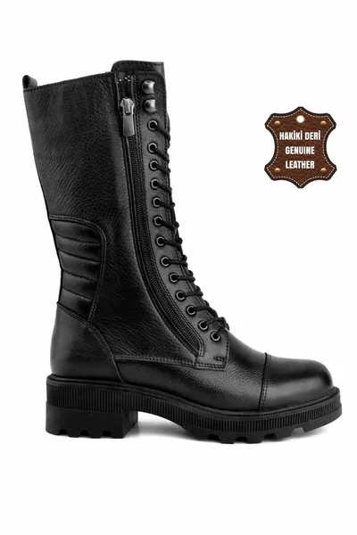  أحذية عسكرية جلدية نسائية أصلية أسود