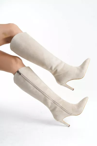 Jane Suede Punta A Punta Tacchi Sottili Donna Stivali Beige