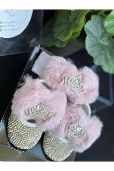 Personalizzato Design di Lusso Peluche Piumato Metallo Principessa Spilla Bambino Pietra Scarpe Fascia Set Rosa