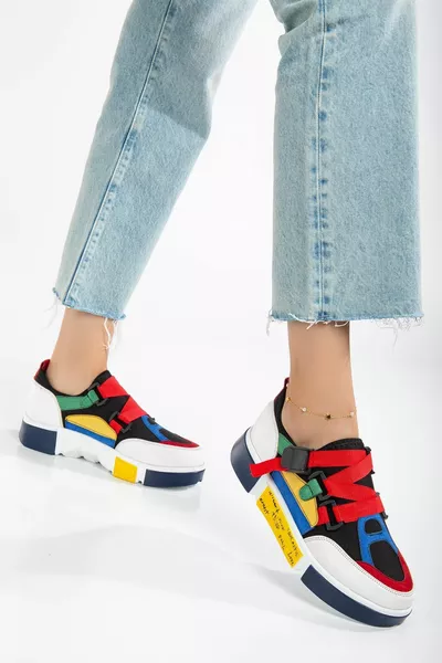 نسائي أحذية رياضية بيضاء تمتد من جلد الغزال متعدد الألوان نعل سميك