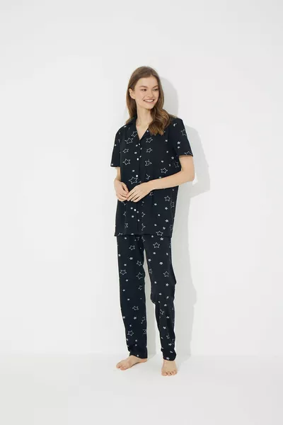 Black Star Pattern Short Sleeve Cotton Button Pajama Set