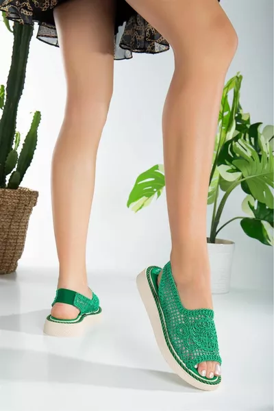 Green Lace Braided Women's Casual Sandals Comfortable Lightweight Sole