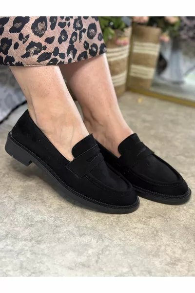 Casual Da donna Mocassino piatto in pelle scamosciata nera Suola fantasia classica Mocassini a punta ovale Scarpe semplici alla moda 