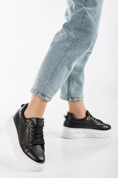 نسائي أسود عارضة تناسب نعل سميك حذاء رياضي دانتيل