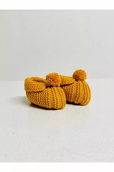 Nouveau-né Tricoté Moutarde Bottines avec Pompons