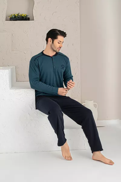 Erkek Petrol Mavi M Armalı Uzun Kollu Süprem Kumaş Örme Pijama Takımı