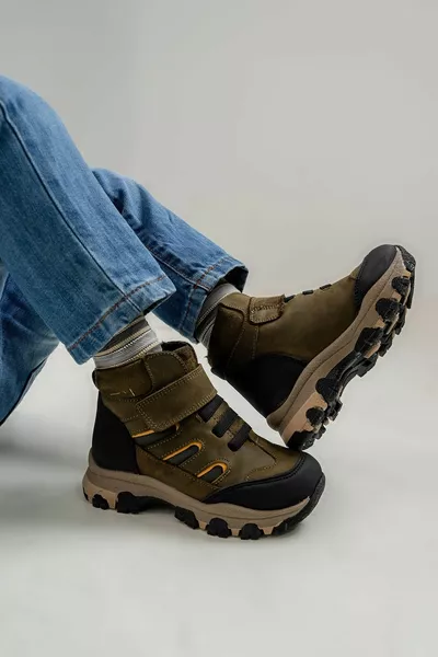 Анатомические треккинговые ботинки из натуральной кожи хаки для мальчиков