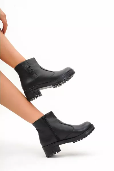 Genuine Leather Zipper Round Toe Black Women's Boots 