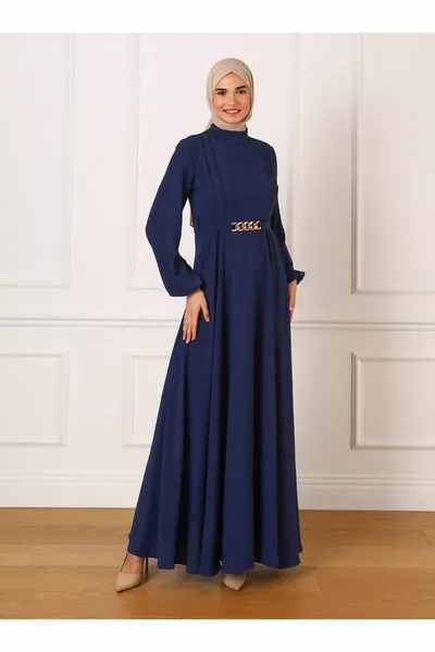 Колан Подробна хиджаб вечерна рокля - тъмно синьо - Refka