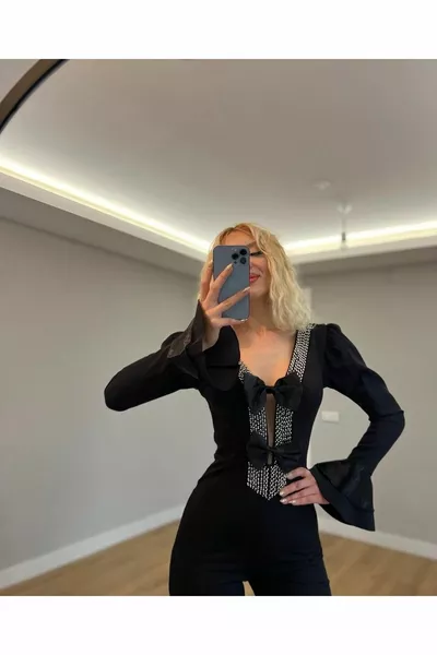 Long sleeve black crepe jumpsuit