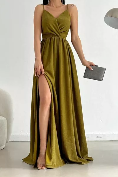 مزدوج الصدر طوق بريق مساء اللباس الفستق الأخضر