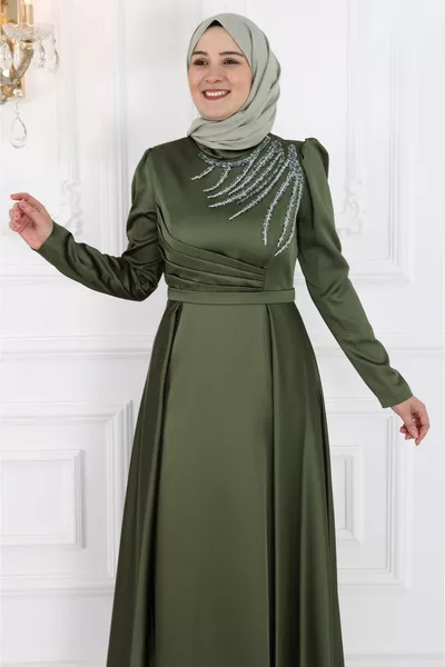 Donna Khaki Colore Spalla e Collo Stone Berceste Elegante Abito Da Sera In Raso