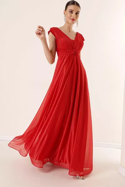 Ön Arka V Yaka Yarım Ay Kollu Drapeli Astarlı Simli Uzun Elbise