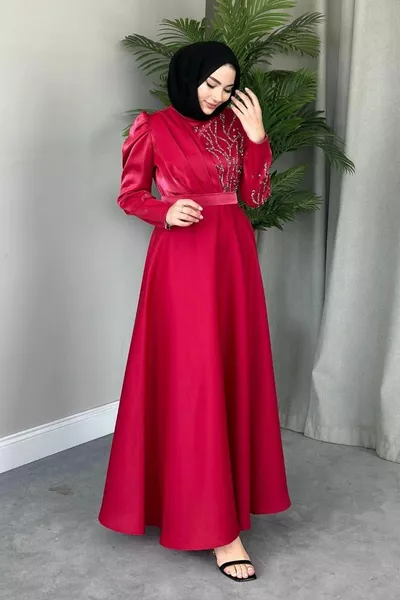 قماش التفتا حجر مطرز باللون الأحمر