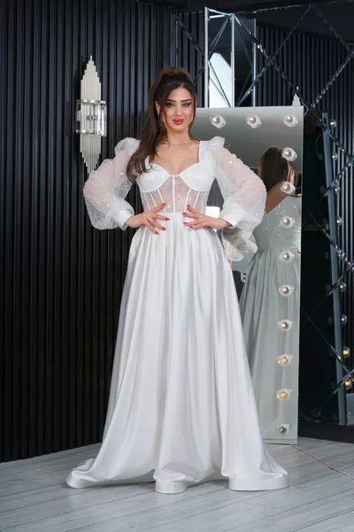 Perla Tulle Paillettes Raso Design Scollatura Abito Lungo Abiti Da Sera