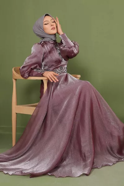 أرجواني حجر مطرزة بالون الأكمام الحجاب تول مساء اللباس