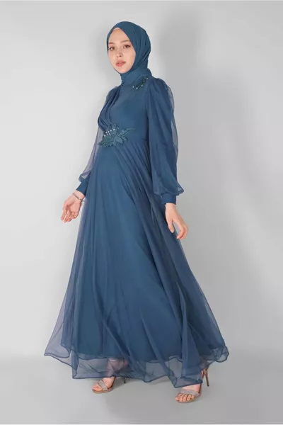 Women's Navy Blue (INDIGO) Embroidered Tulle Evening Dress 