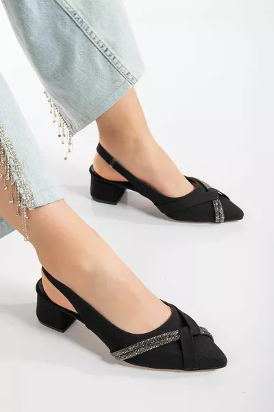 Big Size Zara Satin Stone Schwarz Damen Short Heels Abendschuhe