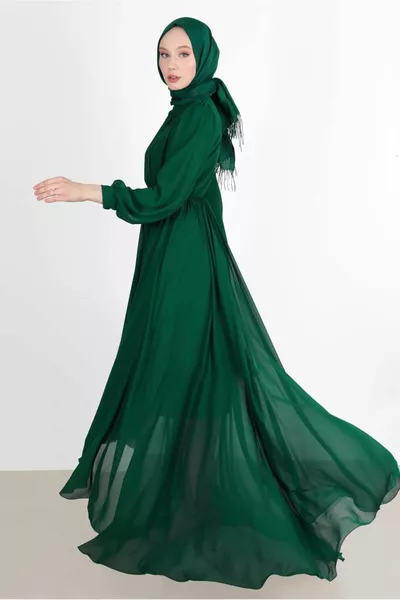 Abito da sera da donna verde (EMERALD) con plissettato in vita arricciato 
