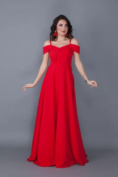 Sangle Femme Détail D’épaule Tombante Taille Maxi Robe De Soirée Rouge Évasée Robe De Fiançailles Au Henné Et Graduation