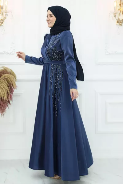 MARINEBLAUWE AVONDJURK MET STEENDETAIL VOOR DAMES T 