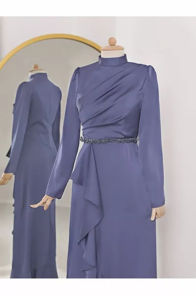 Gegolfde rok en stenen taille rechter kraag satijnen avondjurk