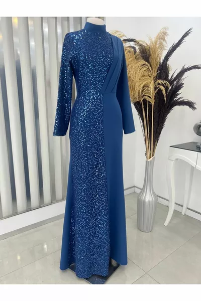 Robe de soirée hijab azalée à paillettes indigo