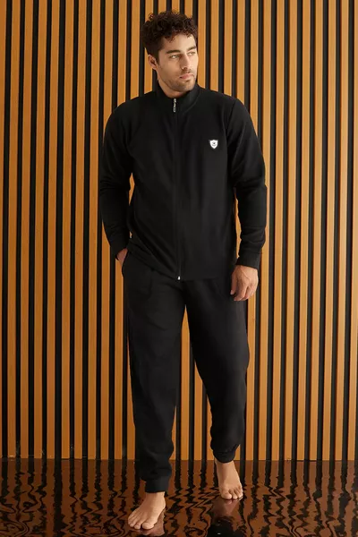 Black Front Zipper Long Sleeve Fleece Men's Pajama Set