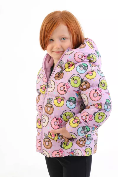 Girls' Winter Puffer Jacket with Hood and Fleece Lining, Doughnut Pattern