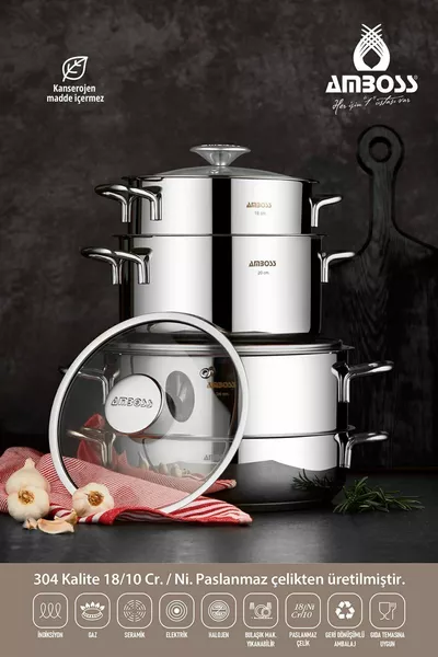 طقم أواني طهي من الفولاذ المقاوم للصدأ المكون من 8 قطع من Cool، مع أغطية زجاجية وقاعدة للحث