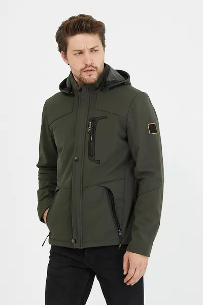 Мужская хаки куртка с капюшоном из софтшелла, водо- и ветронепроницаемая