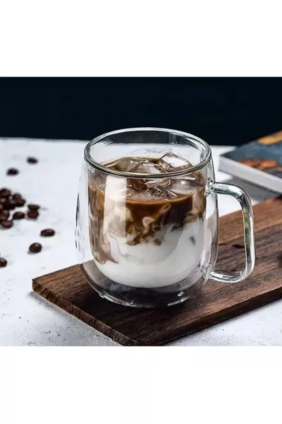 Двоен стъклен, двуслоен стъклен кухненски чашку  мл за дома и офиса, двуслойна термоизолирана чаша със стъклена дръжка