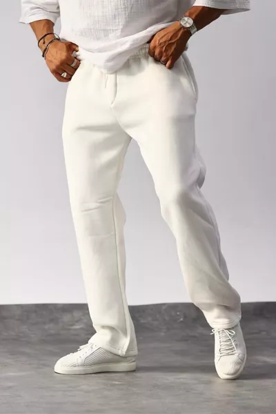 بنطال رياضي رجالي أبيض واسع القَصّة مكون من خيوط ثلاثية مبطن بالفراء
