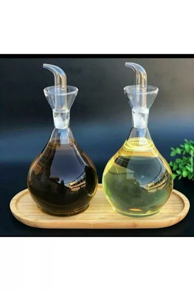 2 Pieces  ml Bulbous Borosilicate Glass Oil Dispenser with Drip Tray and Vinegar Bottle