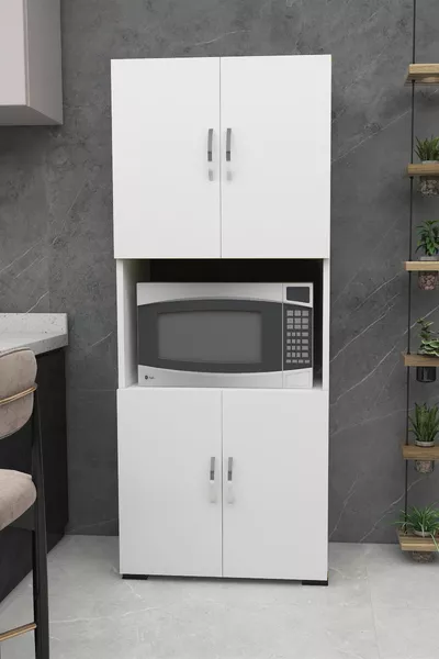 Armadio per forno a microonde multiuso a 4 ante con scomparto centrale, mobile da cucina per mini forno