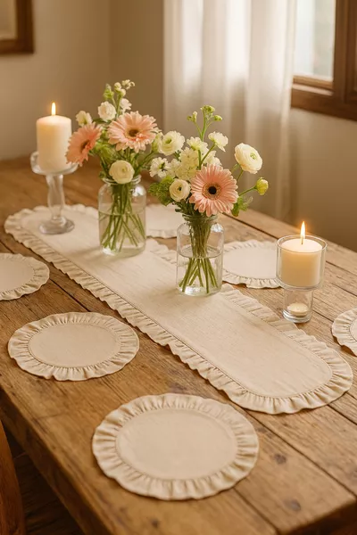 Ruffled Runner and Charger Set - 7-Piece Tablecloth Set 