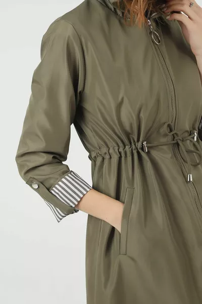 Women's Gathered Water-Repellent Khaki Hooded Loose Trench Coat