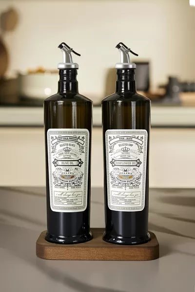 Siyah İtalyan Cam  ml 2'li Yağdanlık Seti - Ahşap Standlı -Damlatmaz Kapaklı Zeytinyağı Sıvıyağ