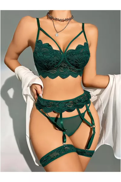 Ensemble féminin fantaisie 5 pièces avec jarretelles et dentelle pour femmes, couleur émeraude de Ruselin