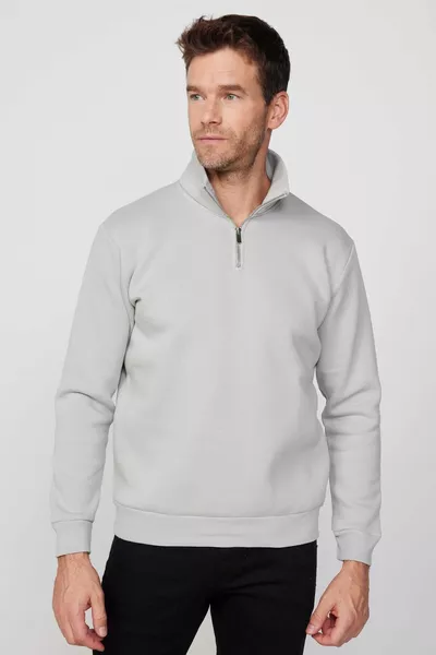 Unisex Relax Fit Casual Cut Baumwollfleece Innenseite Halber Reißverschluss Steinfarbenes Sweatshirt mit Stehkragen