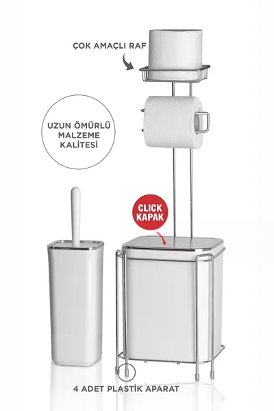 Chrome Toilet Paper Holder with Spare Roll - White Trash Can and Toilet Brush Set