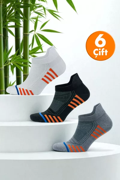 6'lı Bambu Renkli Desenli Dikişsiz Nefes Alabilir Kutulu Kısa Spor Koşu Erkek Sneaker Çorap 