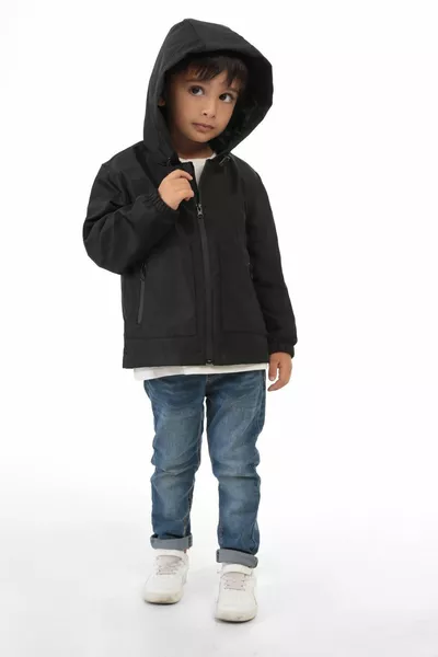 Impermeabile da bambino con cappuccio, doppia cerniera, foderato nero, resistente all'acqua e al vento