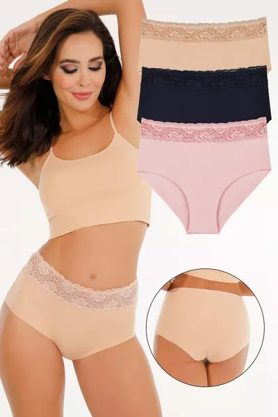 طقم 3 قطع من السراويل الداخلية النسائية عالية الخصر بتصميم الليزر والدانتيل - 