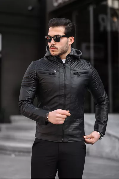 سترة جلدية رجالية سوداء من بريفالدي مع قبعة قابلة للإزالة