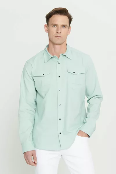 Мъжка риза Slim Fit в цвят тюркоаз с класическа яка от памук